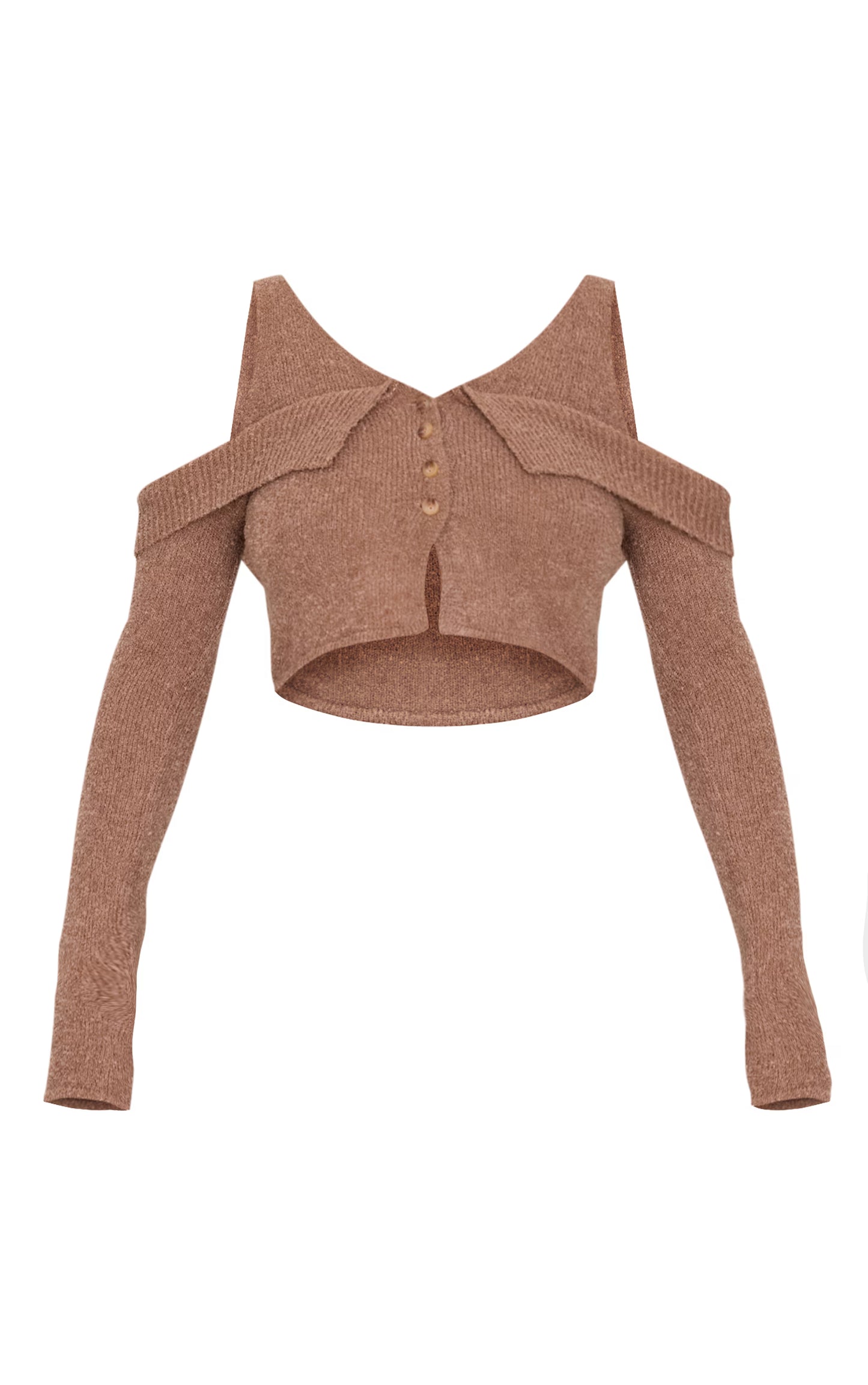 Taupe Boucle Knit Cold Shoulder Button Up Top