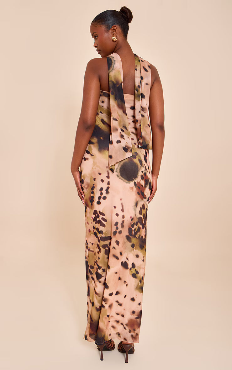 Pink Printed Bandeau Scarf Detail Maxi Dress