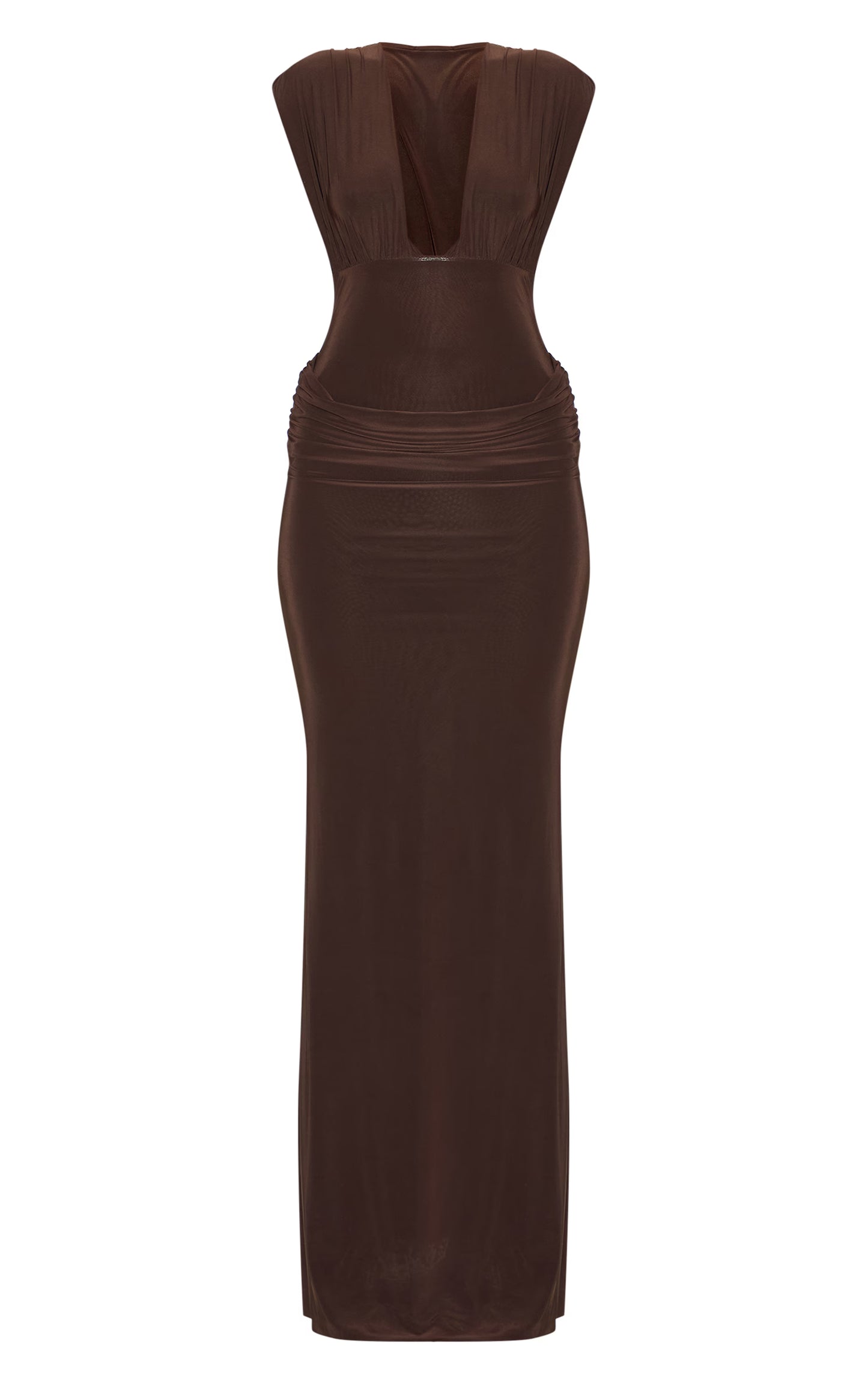 Chocolate Brown Double Layer Plunge Ruched Shoulder Drape Waist Maxi Dress