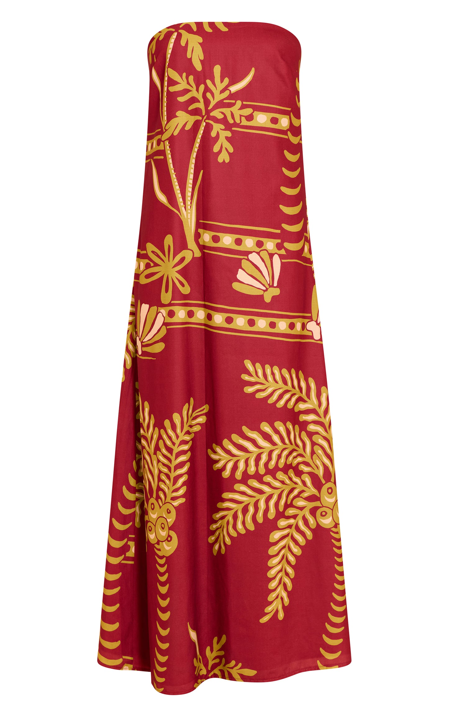 Deep Red Palm Print Woven Bandeau Maxi Dress
