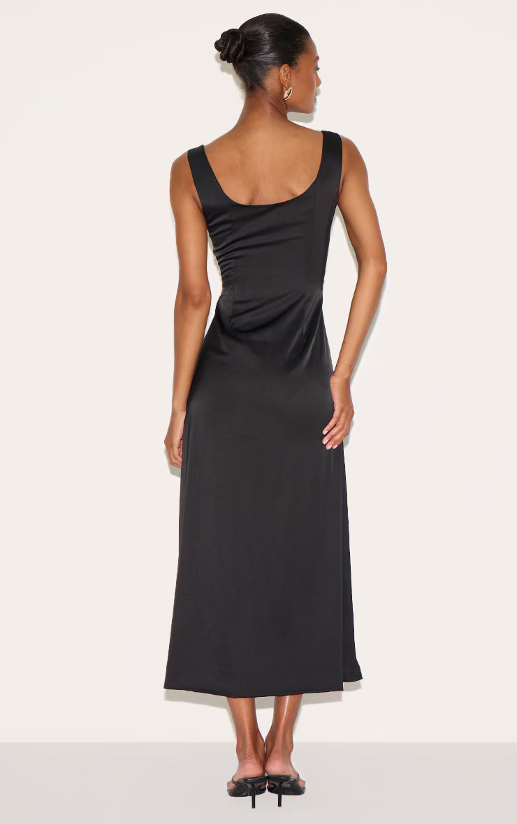 Black Satin Drop Waist Midi Dress