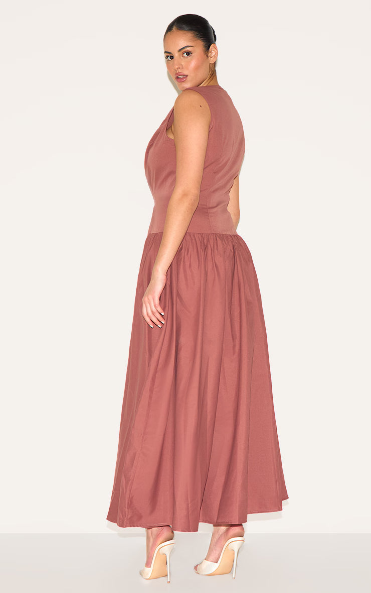 Plus Brown Button Down Drop Waist Maxi Dress