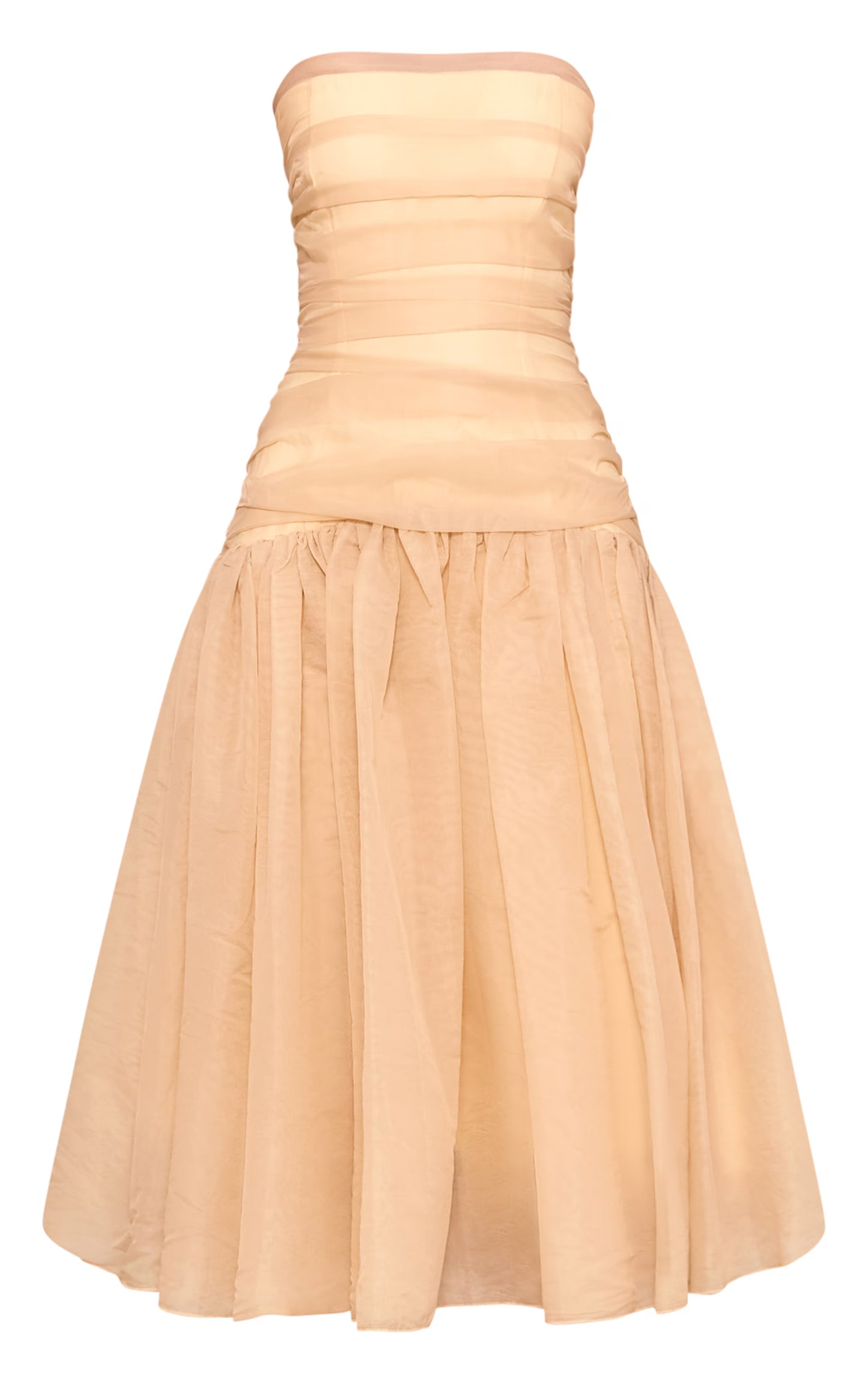 Yellow Organza Ruched Bodice Midi Dress