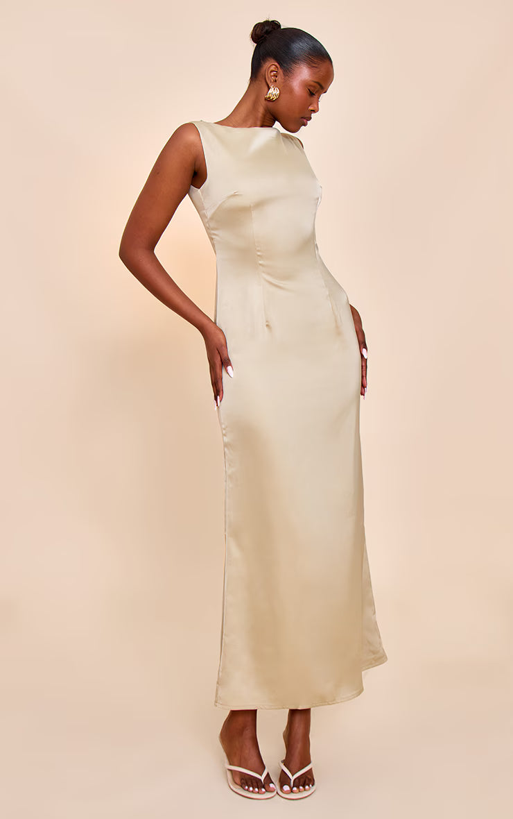 Sage Bridesmaid Satin Boat Neck Maxi Dress