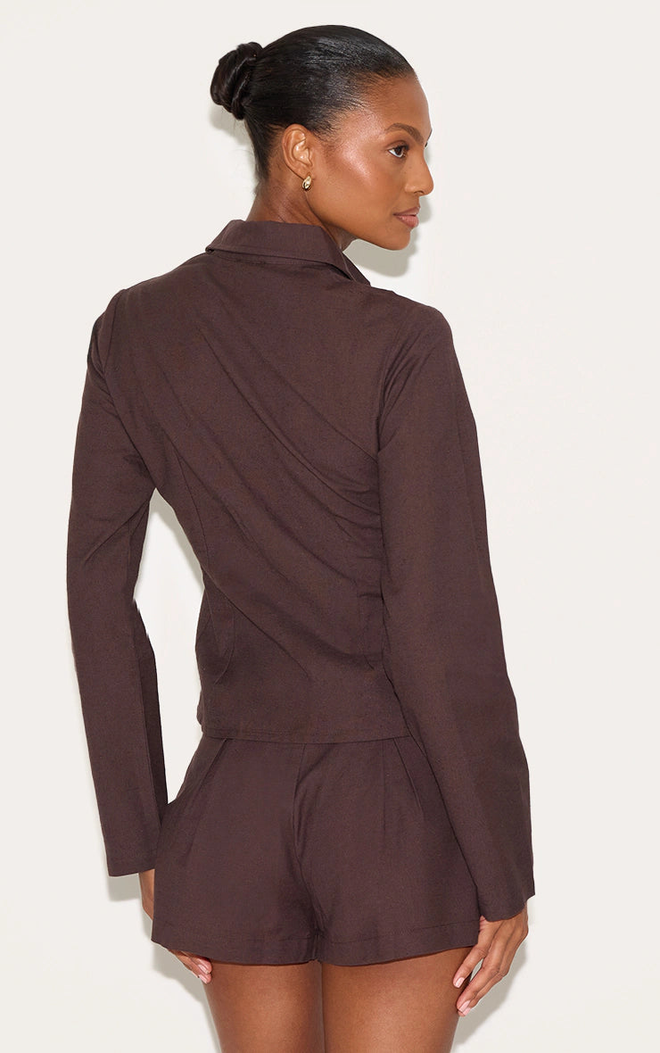 Chocolate Linen Look Button Up Fitted Shirt