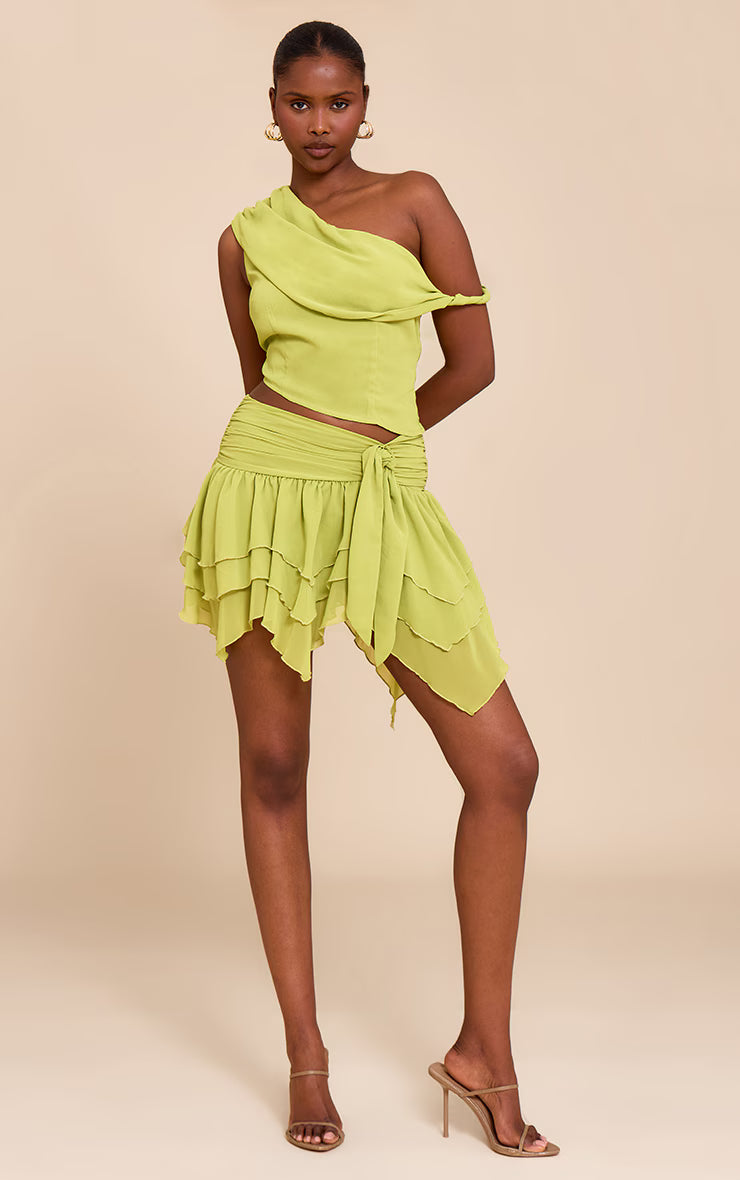 Green Chiffon Frill Detail Mini Skirt