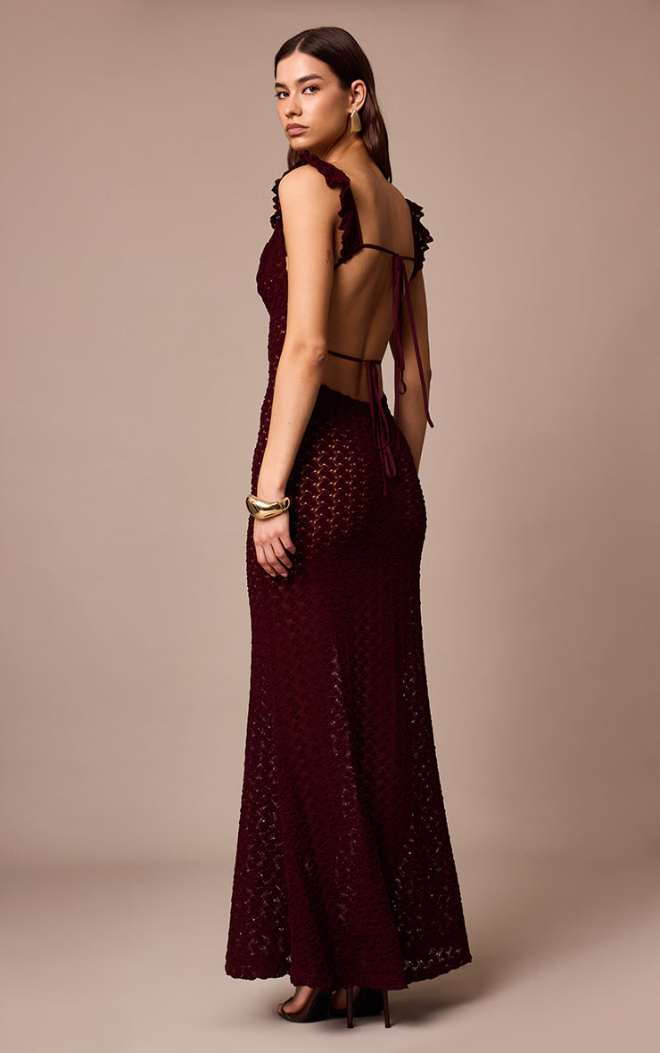 Wine Textured Frill Strap Maxi Dress