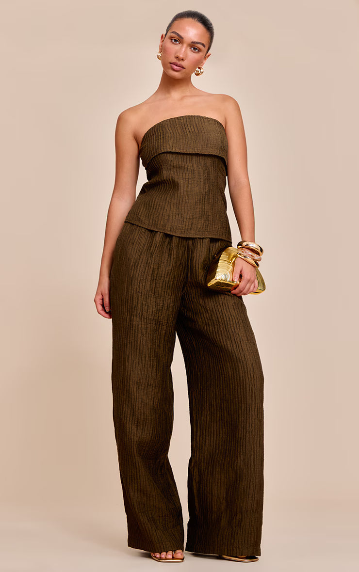 Khaki Textured Woven Fold Over Bandeau Top