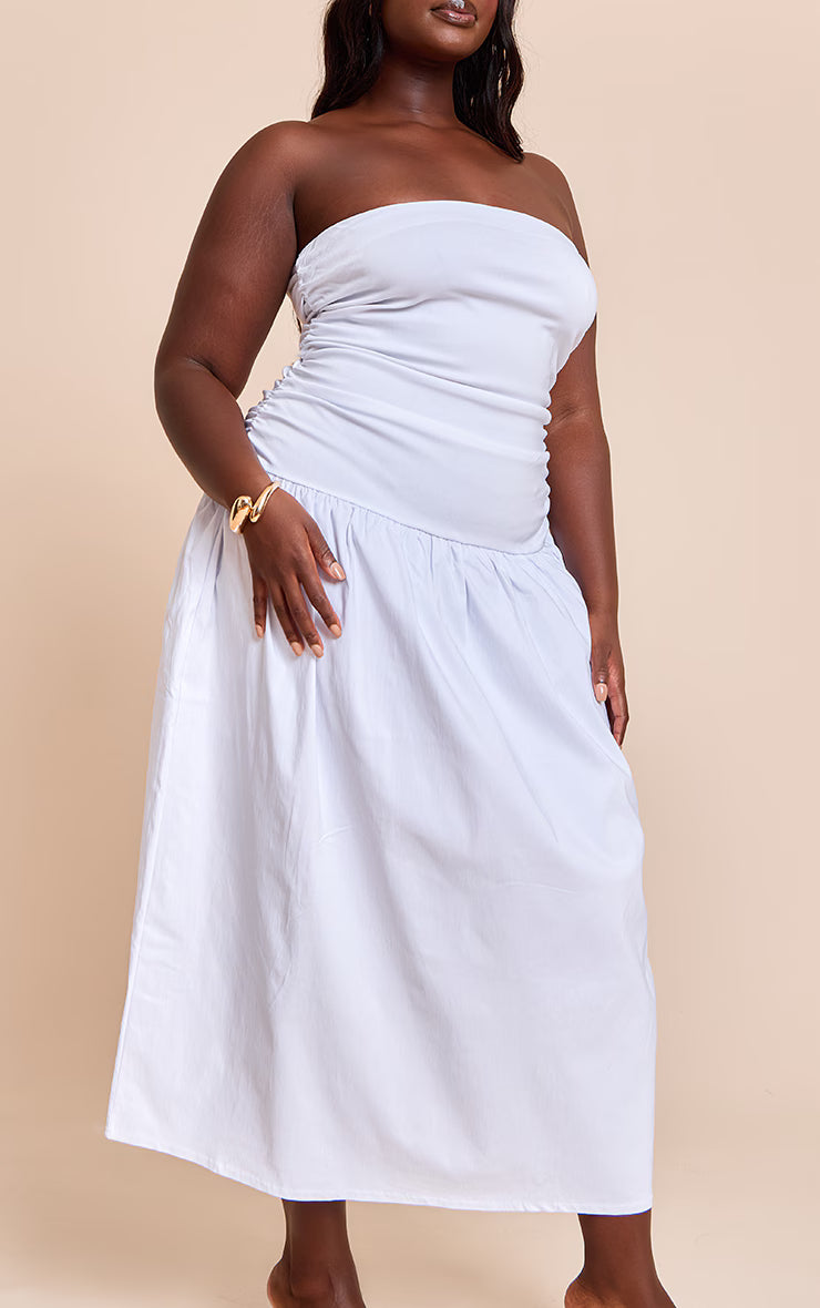 Plus White Stretch Woven Bandeau Ruched Maxi Dress