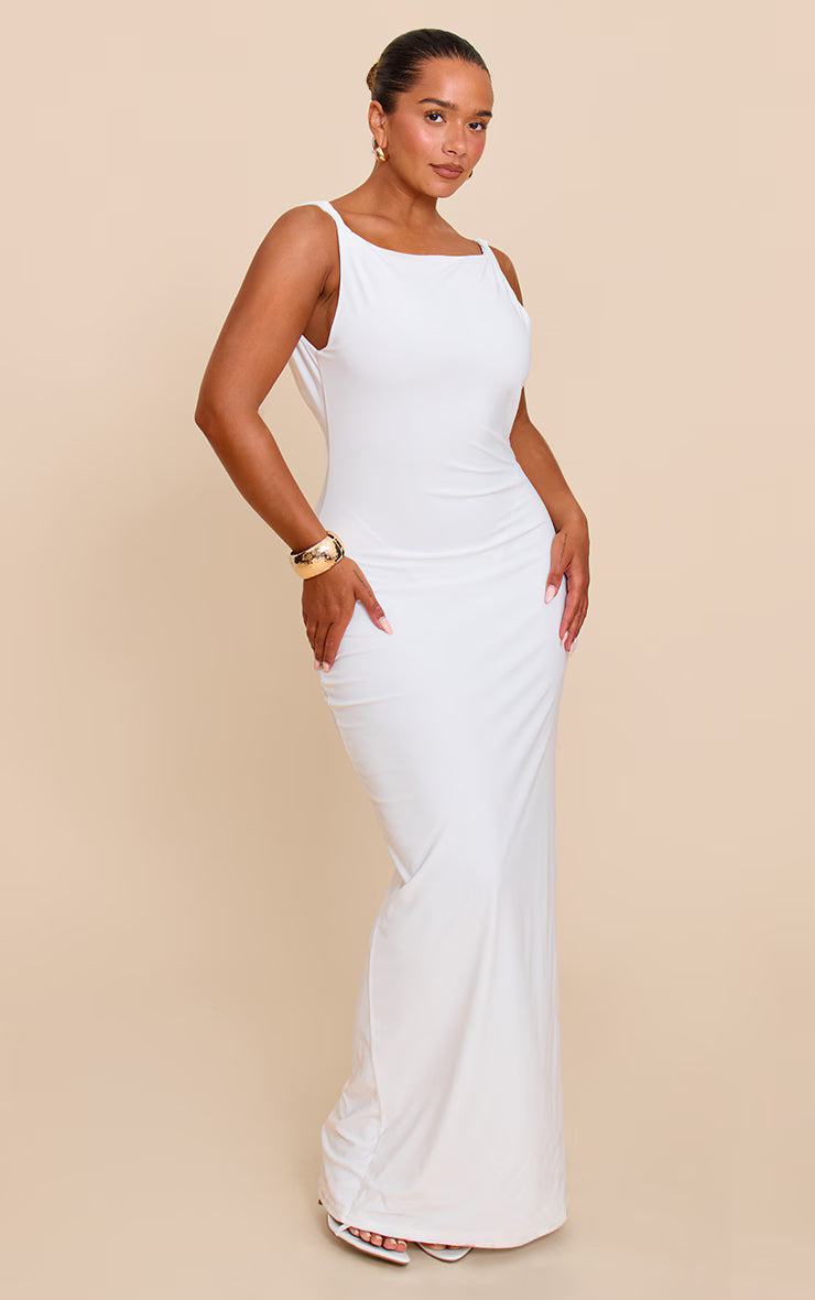 Shape white Boat Neck Twist Shoulder Cowl Back Maxi Dress