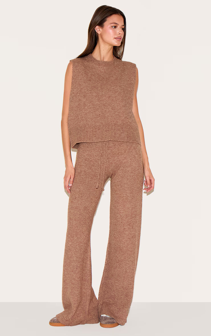 Mocha Marl Soft Knit High Neck Sleeveless Top