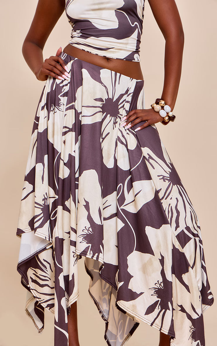Brown Floral Print Slinky Asymmetrical Hem Maxi Skirt