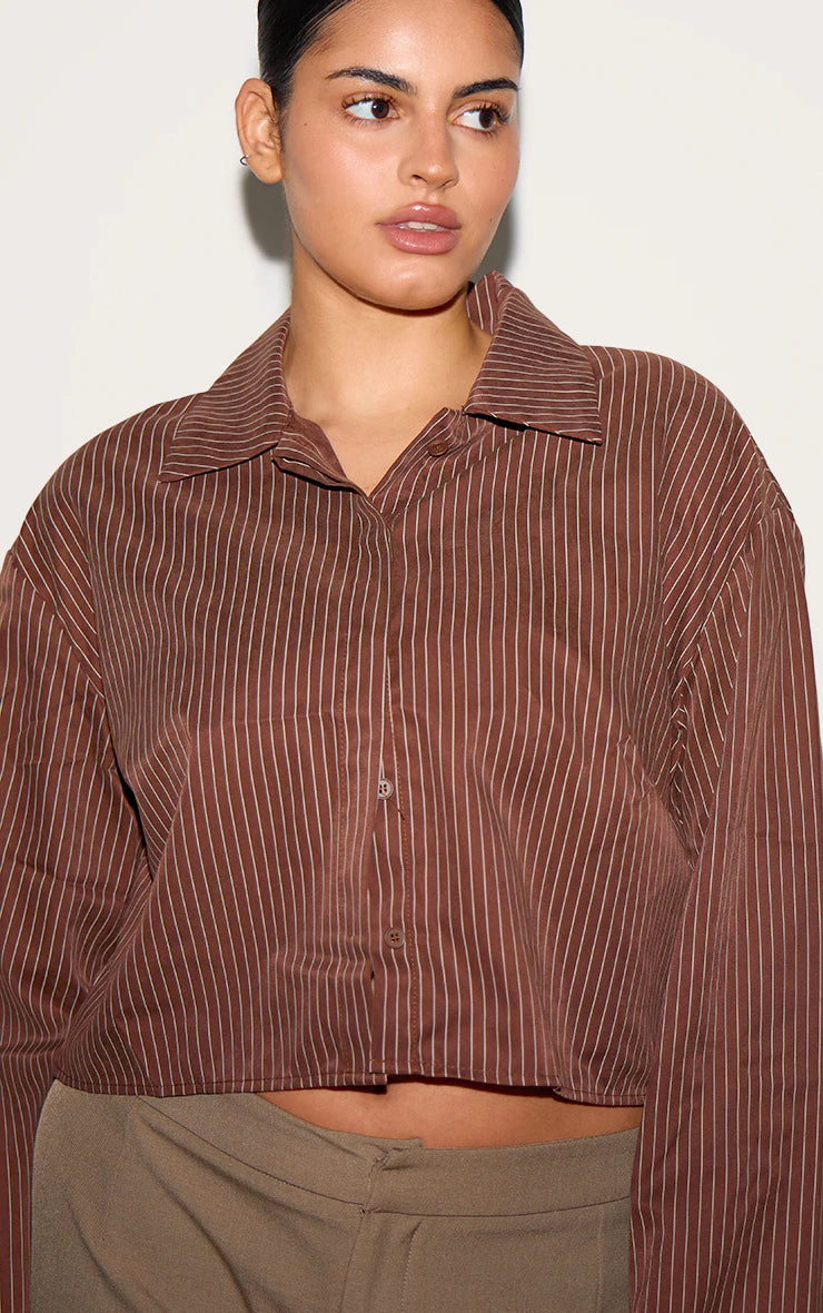 Plus Brown Faux Suede Cropped Striped Shirt