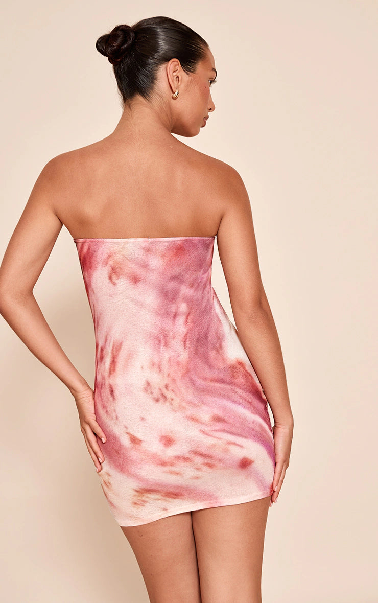 Pink Abstract Print Onion Skin Bandeau Mini Dress