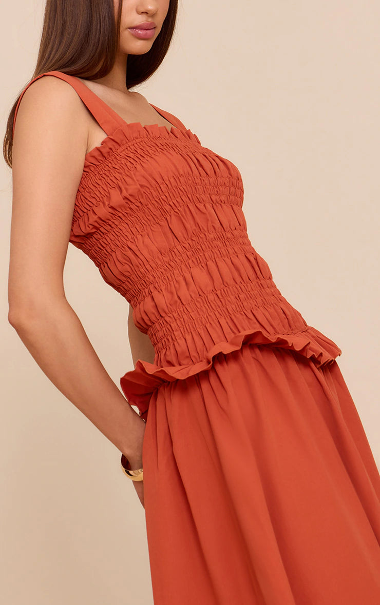 Burnt Orange Shirred Frill Detail Maxi Dress