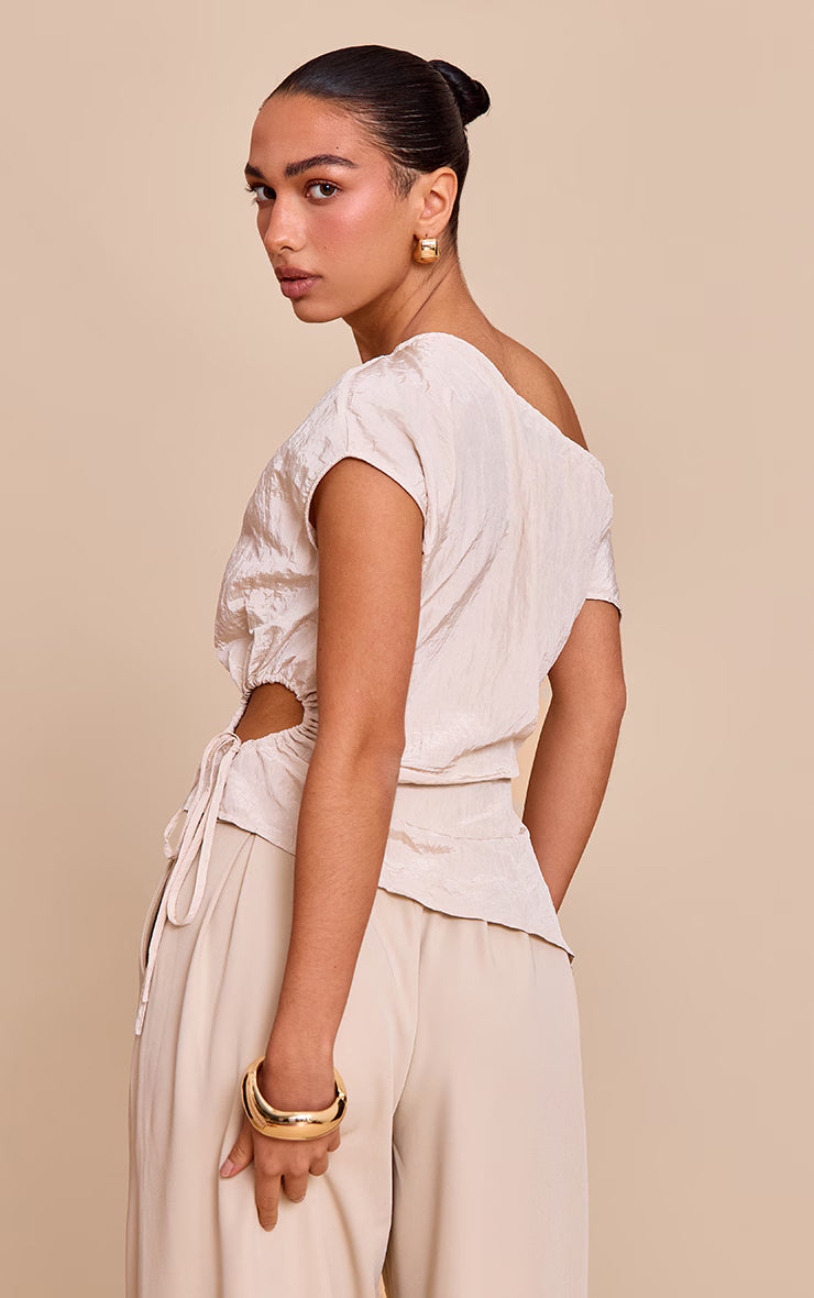 Beige Crinkle Matte Satin Cut Out Long Top
