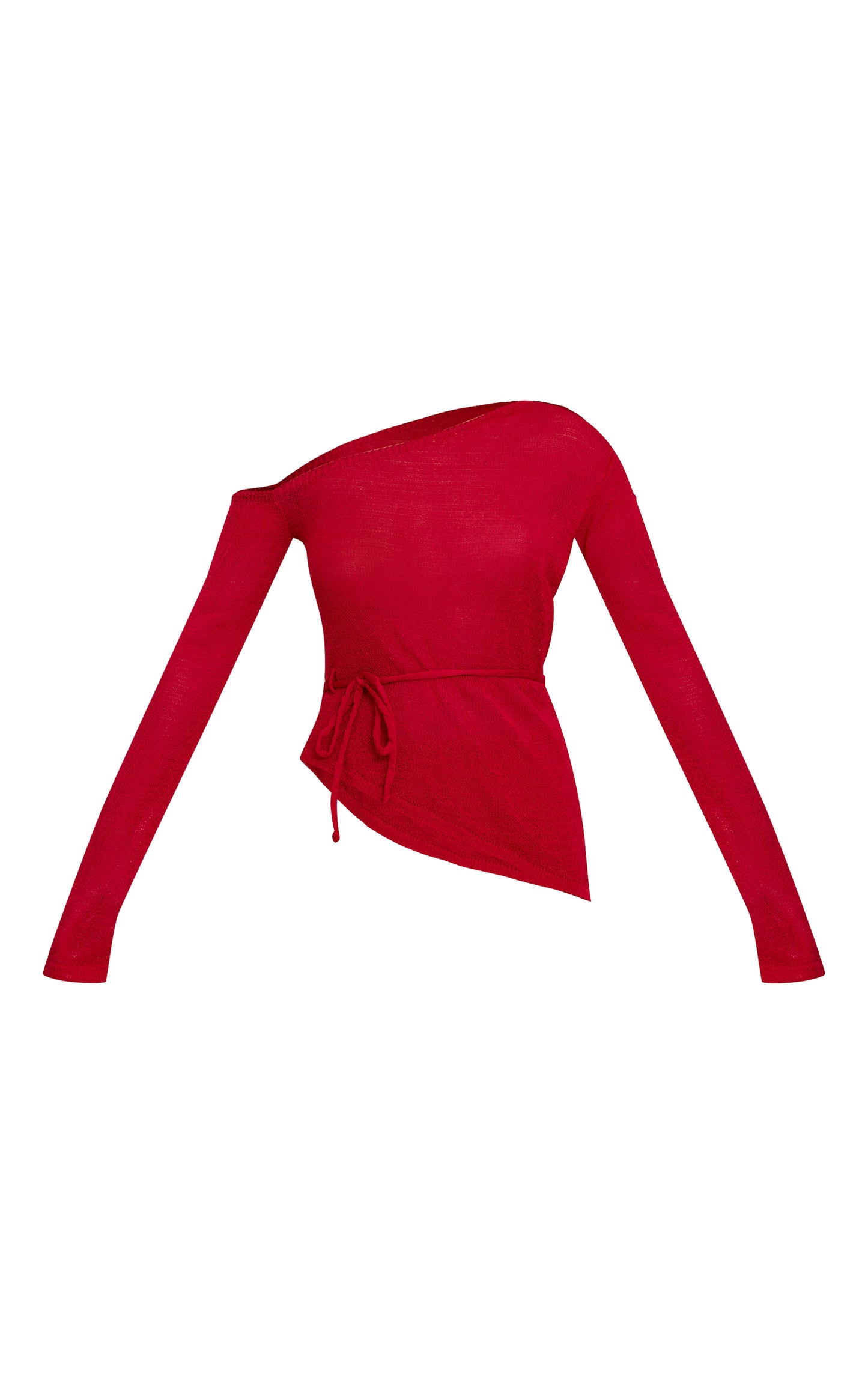 Red Asymmetric Belted Filigree Top