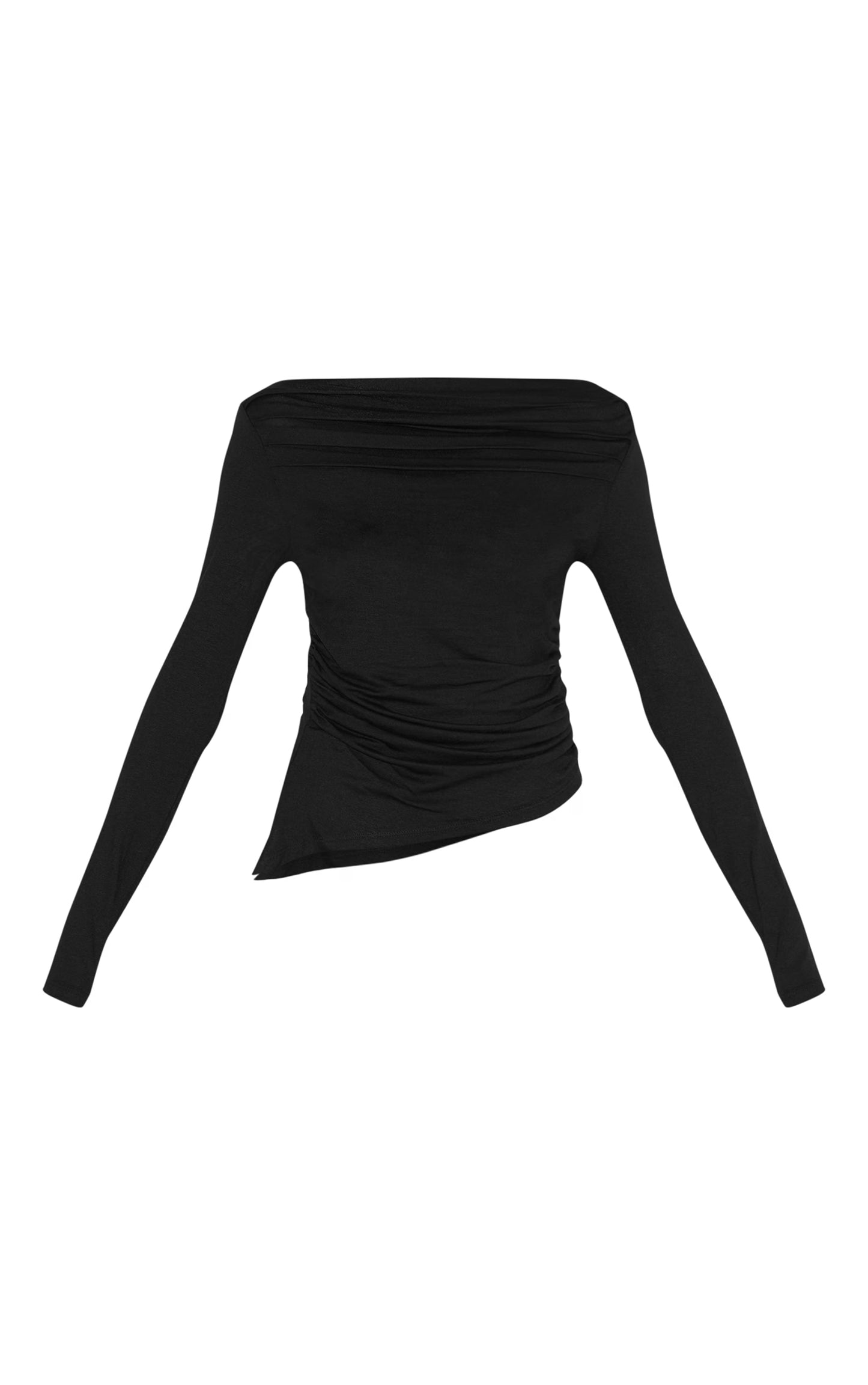 Black Ruched Detail Asymmetric Hem Long Sleeve Top
