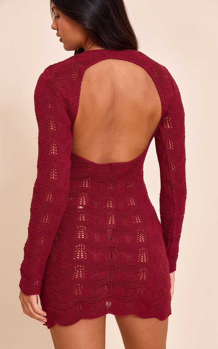 Wine Long Sleeve Backless Mini Dress