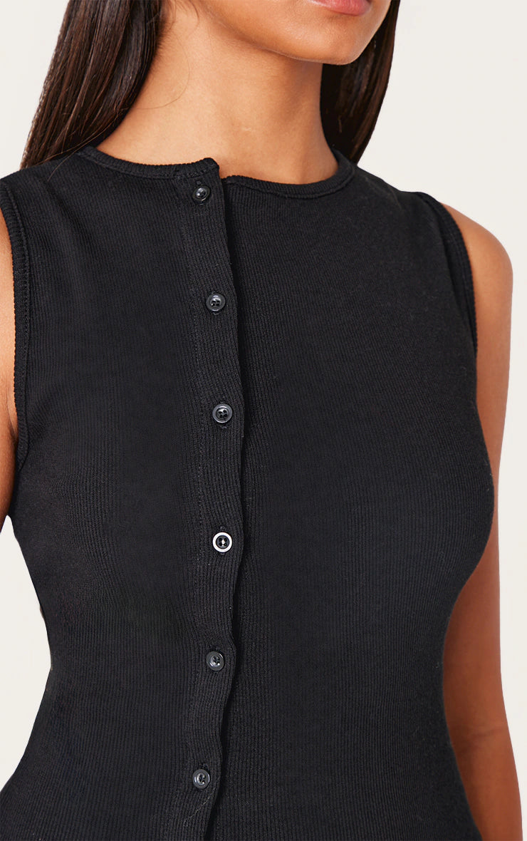 Black Ribbed Asymmetric Button Up Vest Top