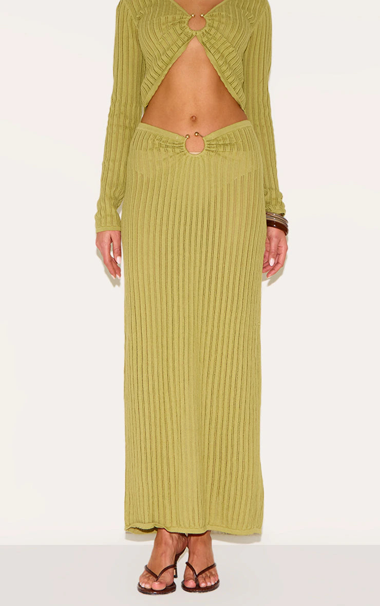 Olive Pointelle Knit Trim Split Maxi Skirt