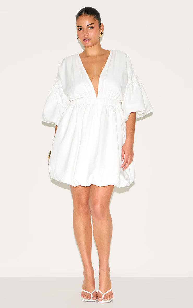 Plus White Puff Sleeve Puffball Hem Dress