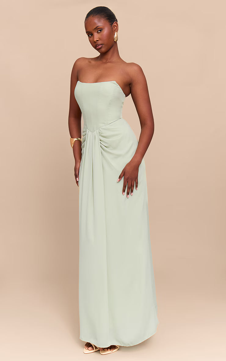 Sage Green Bandeau Corset Drape Detail Maxi Dress