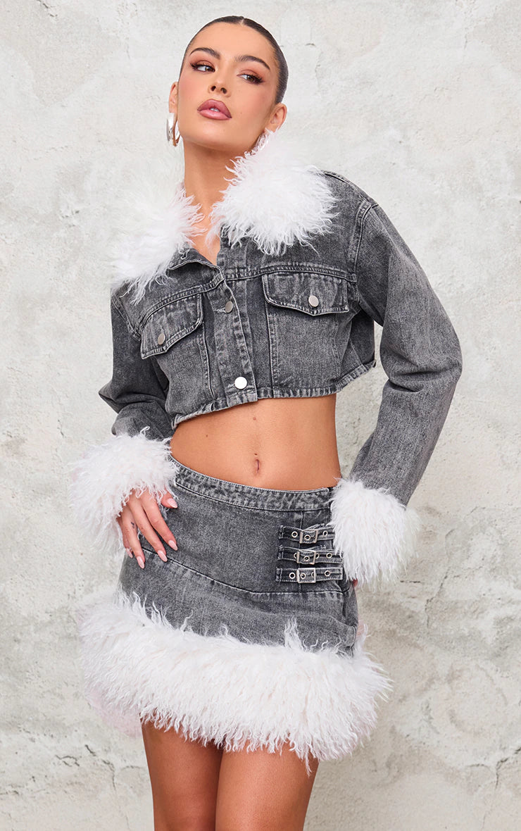 Washed Grey Denim Cropped Faux Fur Trim Detail Jacket