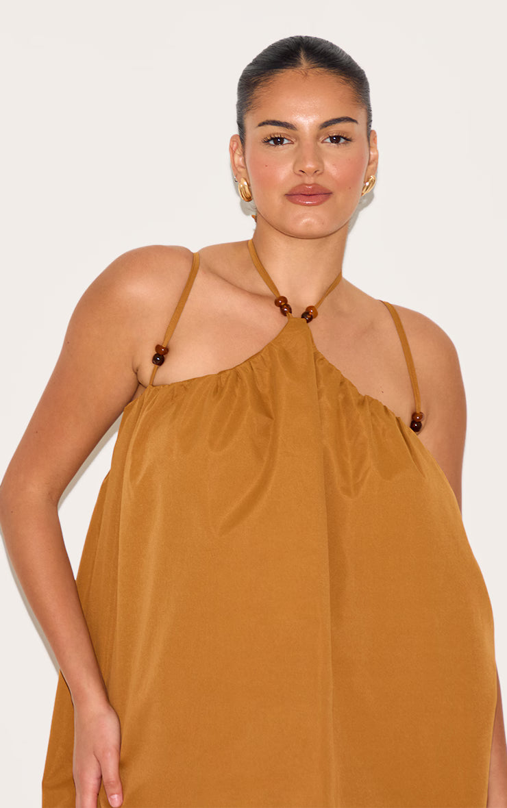 Plus Dark Ochre Halterneck Bead Detail Puffball Dress
