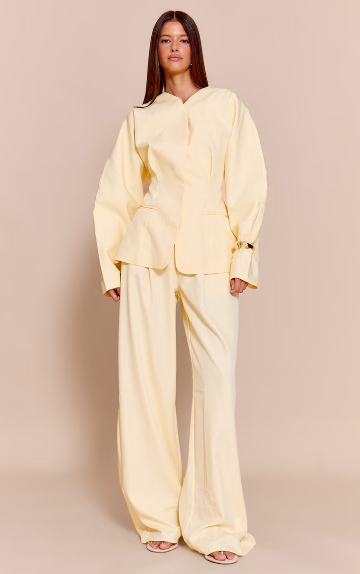 Butter Cream Premium Woven Tailored Collarless Blazer