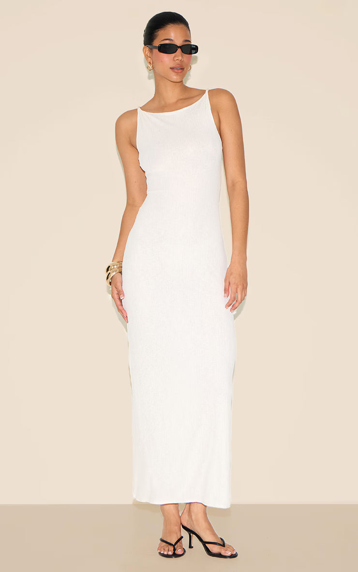 White Textured Twist Shoulders Maxi Dress