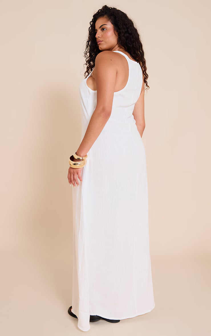 Plus White Textured Scoop Neck Maxi Dress