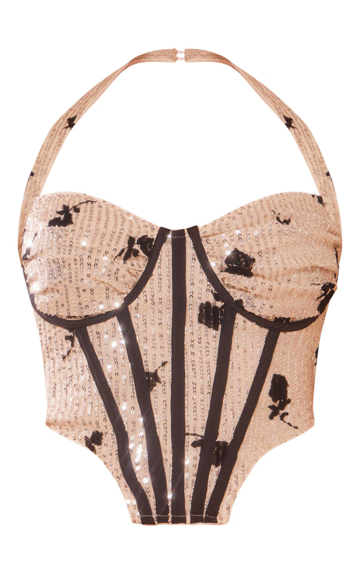 Nude Floral Detail Sequin Halter Bonded Ruched Bust Corset