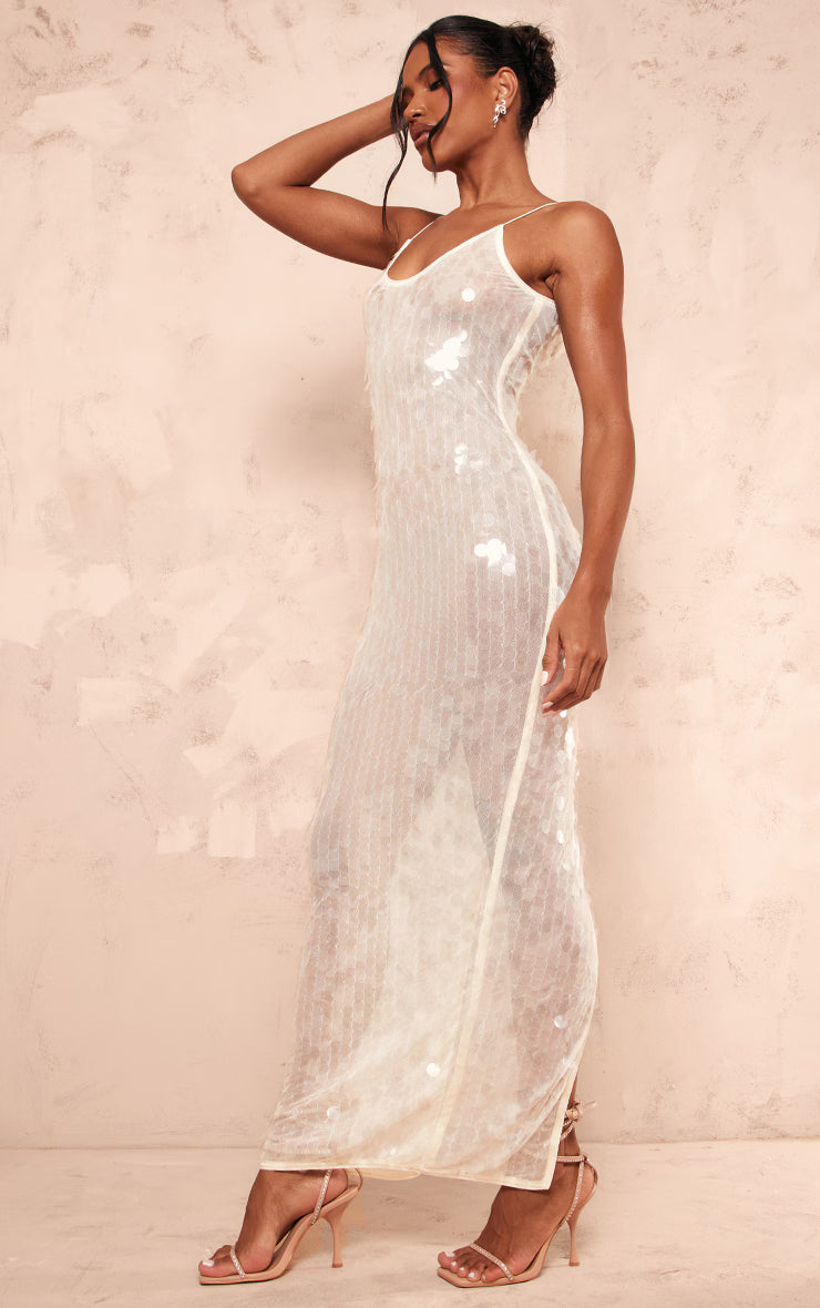 Cream Sheer Sequin Sheer Maxi Dress