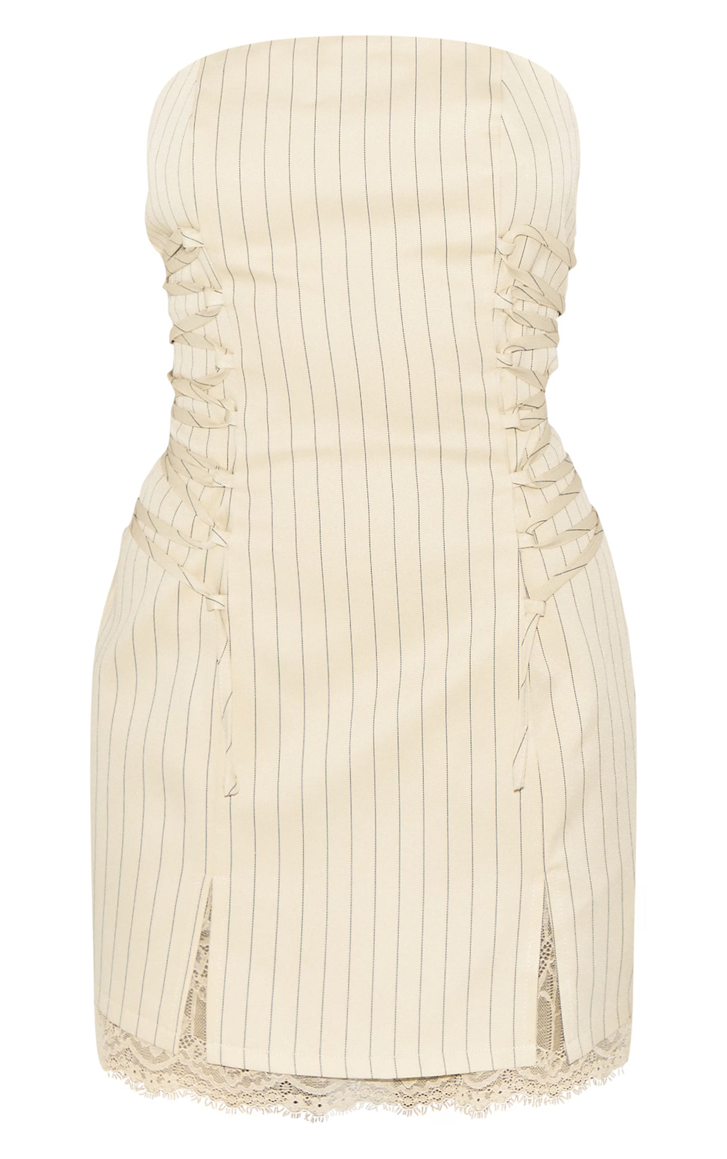 Cream Pinstripe Bandeau Lace Trim Shift Dress