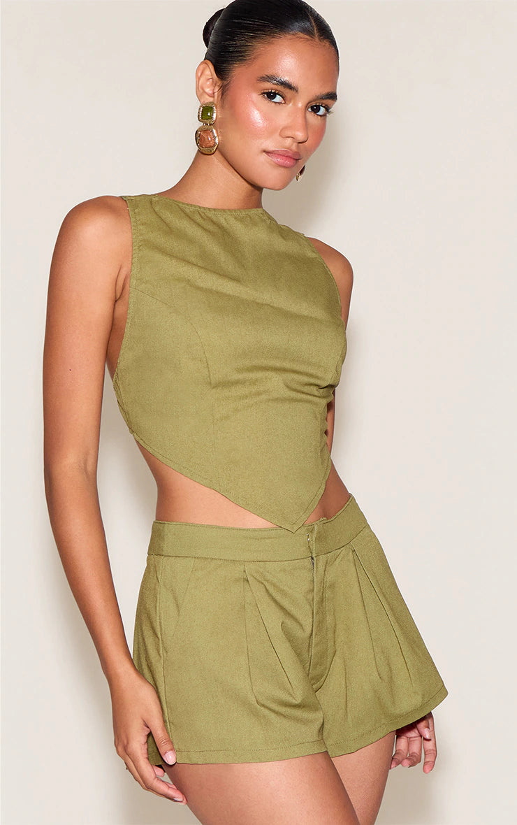 Khaki Linen Look Woven Tailored Shorts