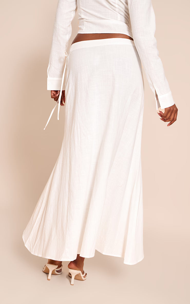 White Linen Look Split Tie Midi Skirt