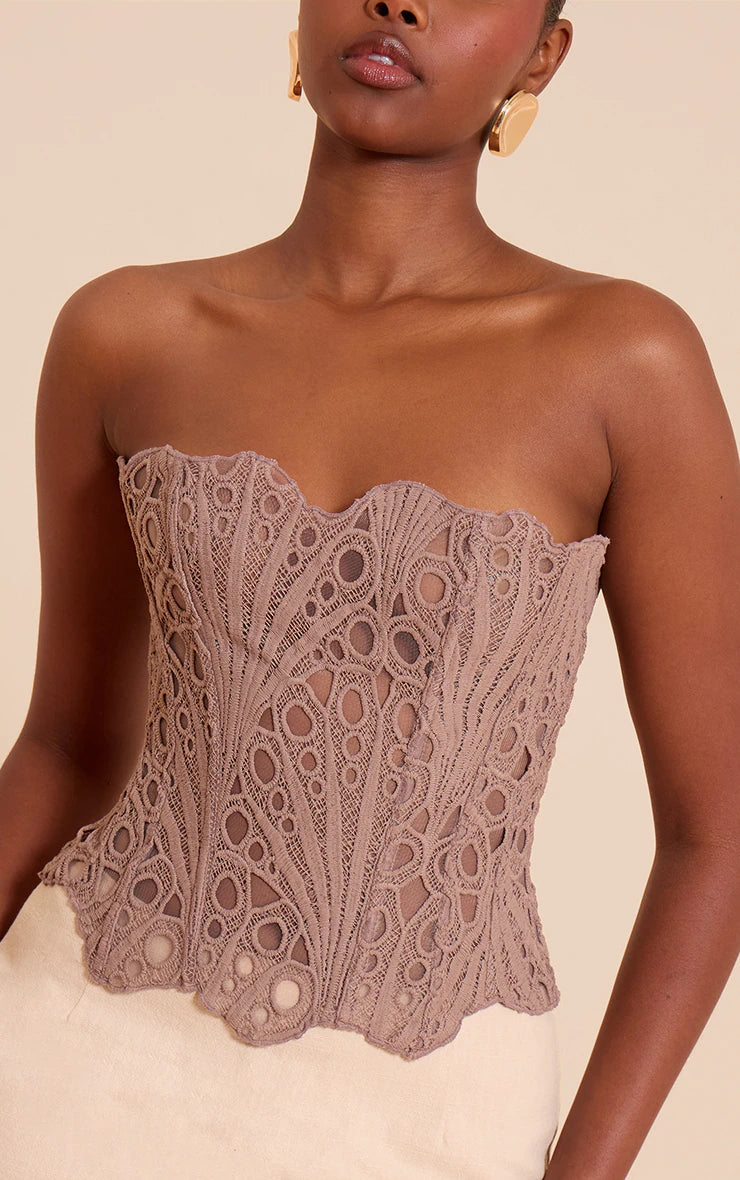 Mushroom Textured Sheer Floral Lace Corset
