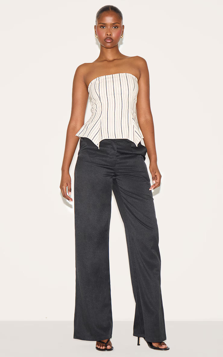 Sand Striped Linen-Blend Peplum Bandeau Top