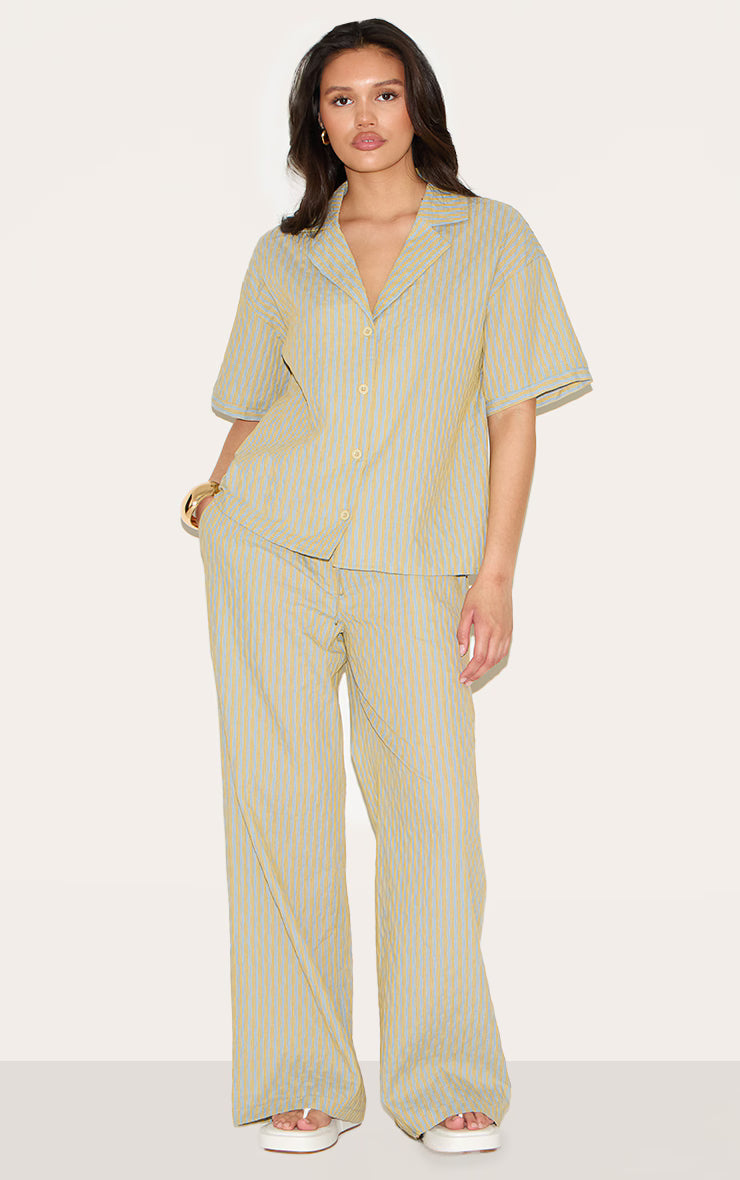 Green Striped Textured Short Sleeve Shirt