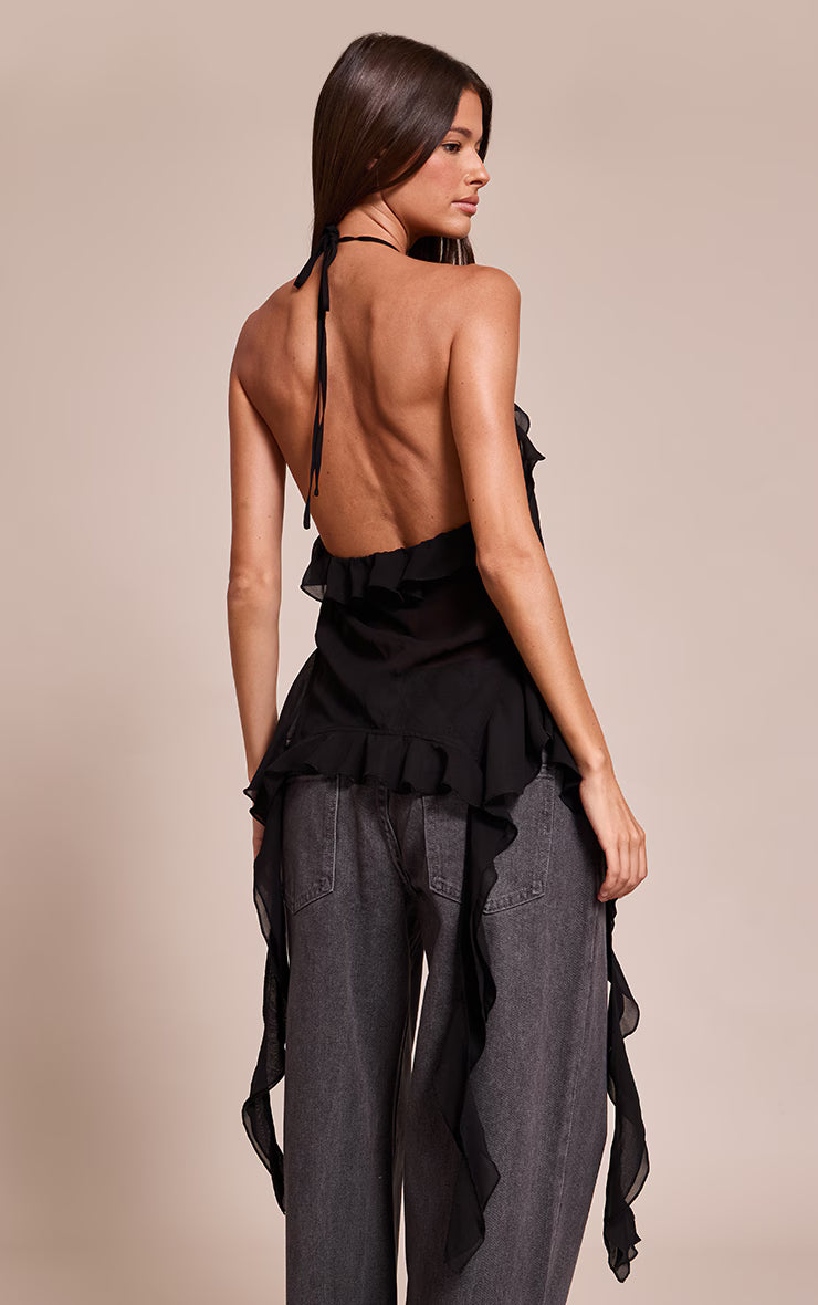 Black Chiffon Ruffle Drape Detail Longline Top
