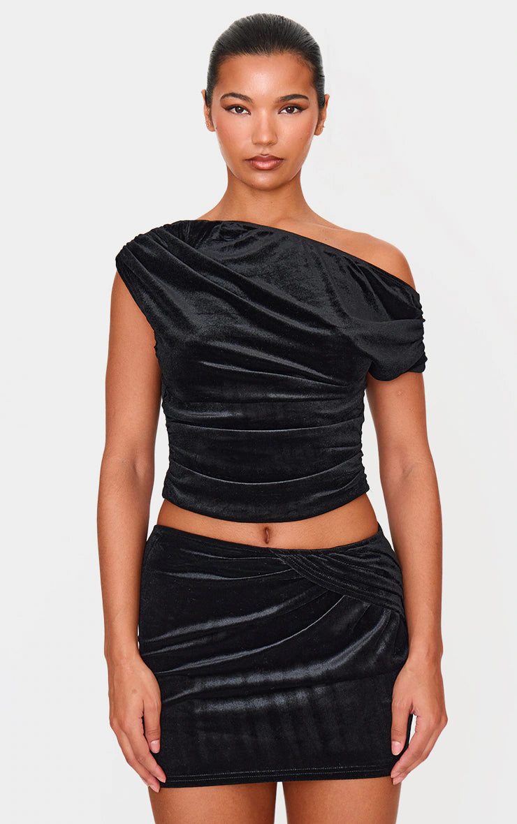 Black Velvet Ruched Detail Top
