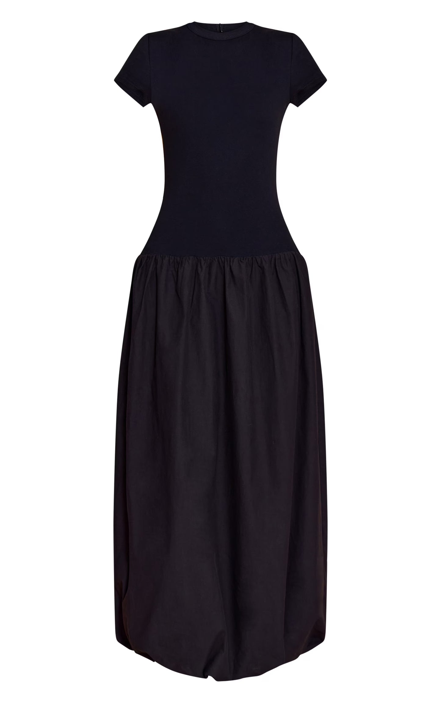 Black Dropped Waist T Shirt Puff Ball Hem Maxi Dress