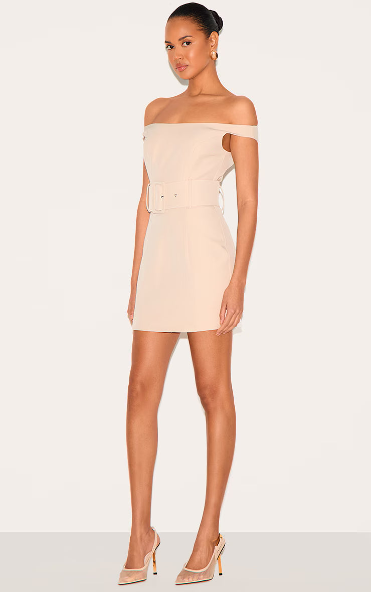 Almond Woven Off Shoulder Belt Detail Mini Dress