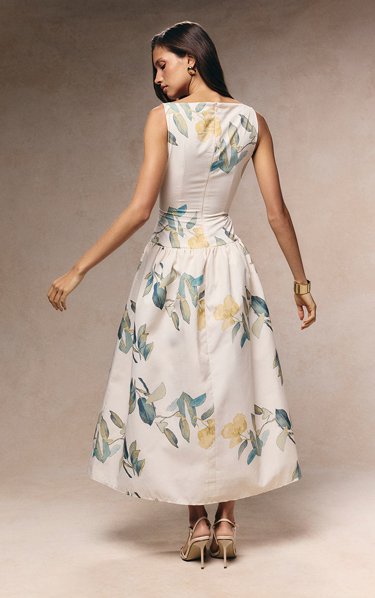 Yellow Floral Printed Dropped Waist Midaxi Dress