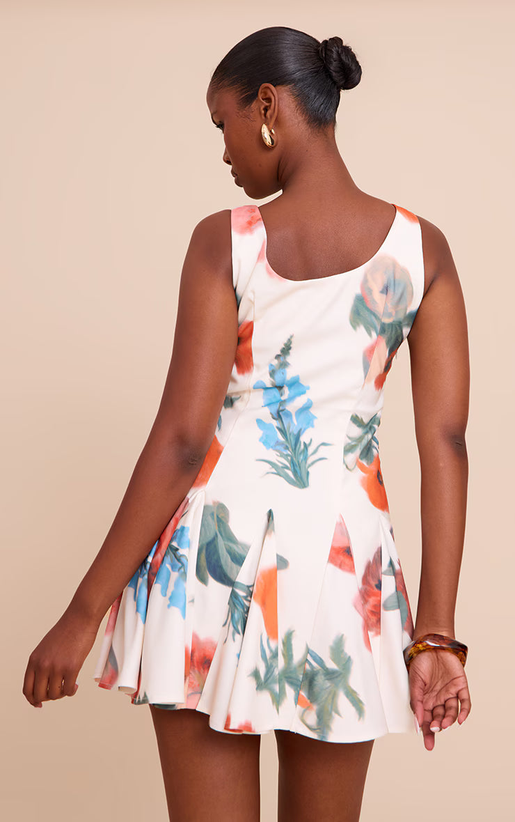 Cream Floral Printed Woven Godet Detail Shift Dress