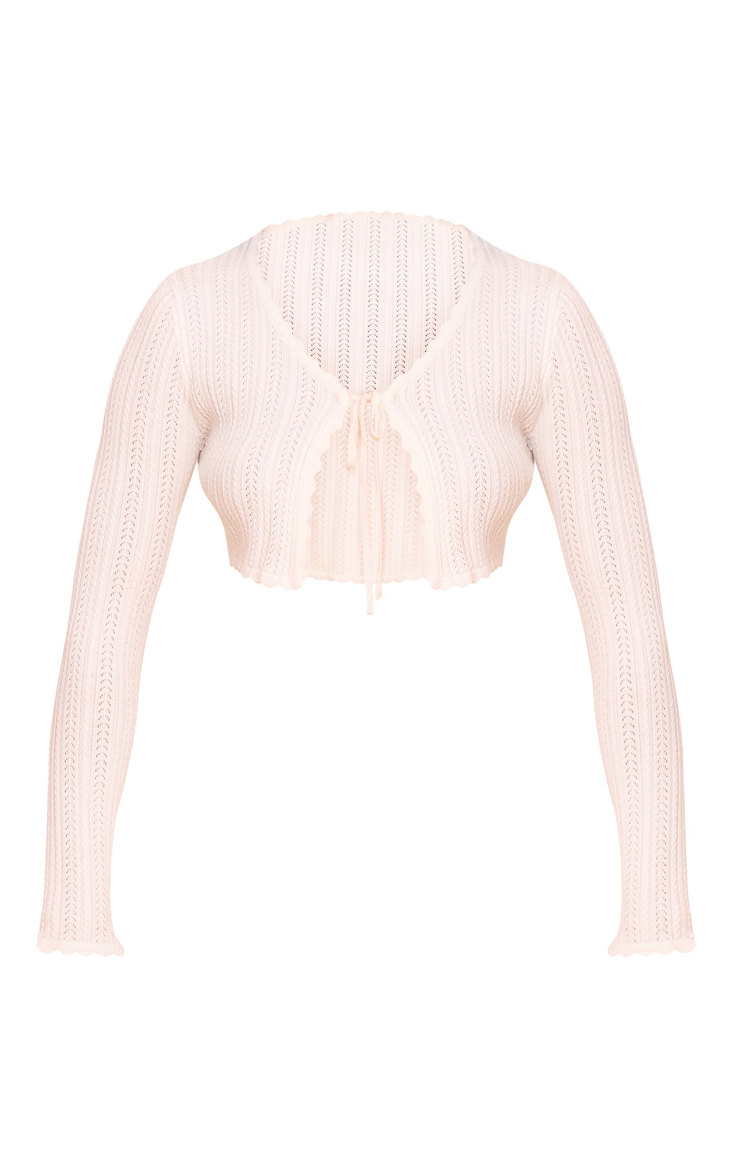 Cream Textured Crochet Knit Tie Front Top