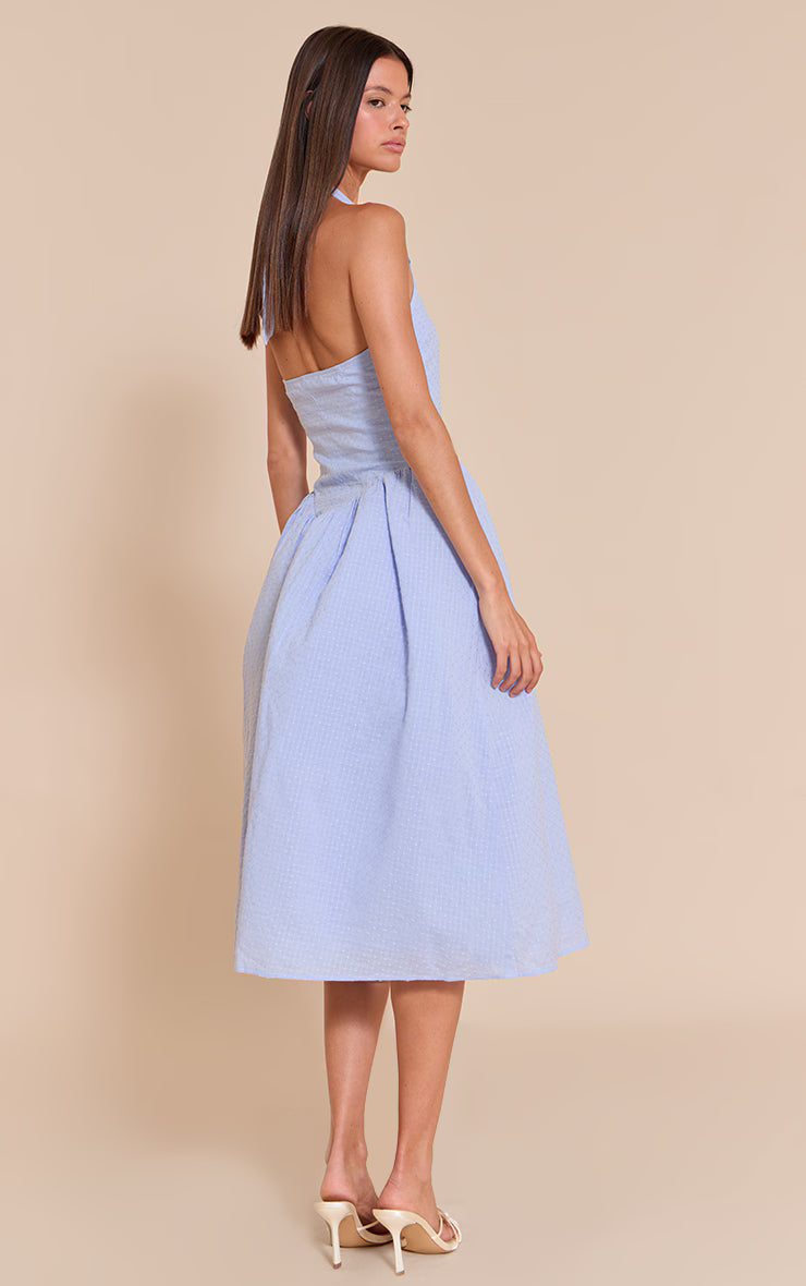 Baby Blue Embroidered Cotton Halterneck Midaxi Dress