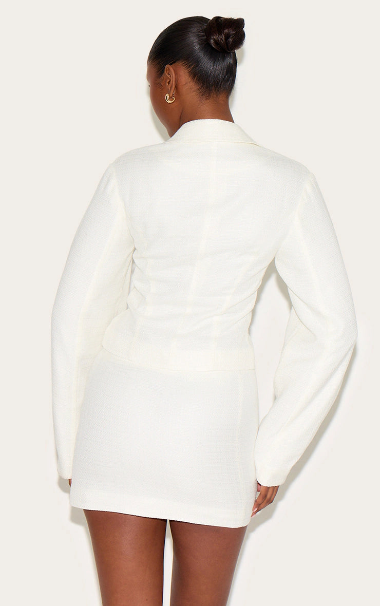 Cream Boucle Cinched Waist Blazer