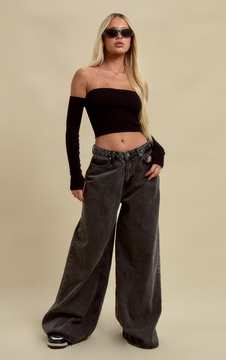 Black Structured Snatched Rib Bardot Crop Top